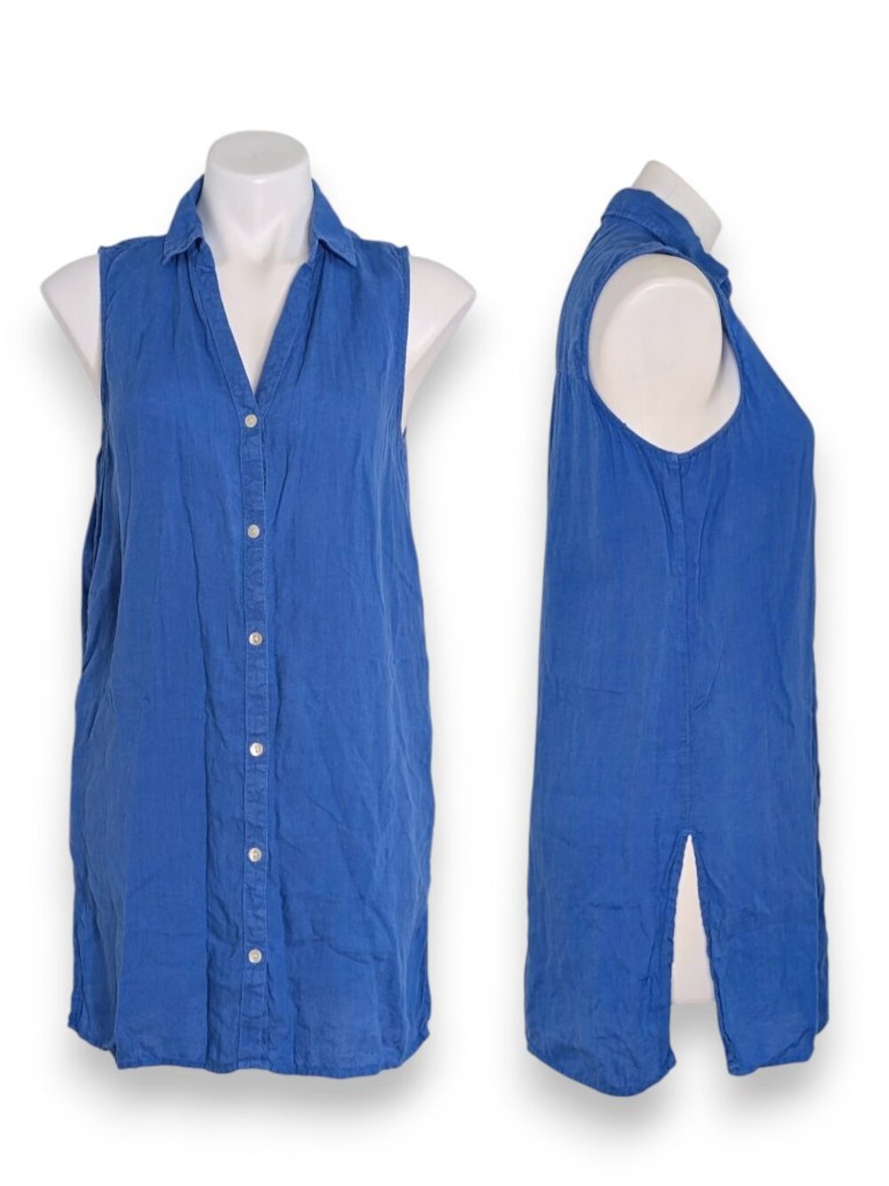 Tahari Blue Linen Sleeveless Button Up Collared Side Slit Tunic Top